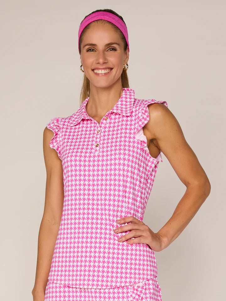 G Lifestyle Women's Sleeveless Ruffle Top With Gold Buttons-Pink Houndstooth Print