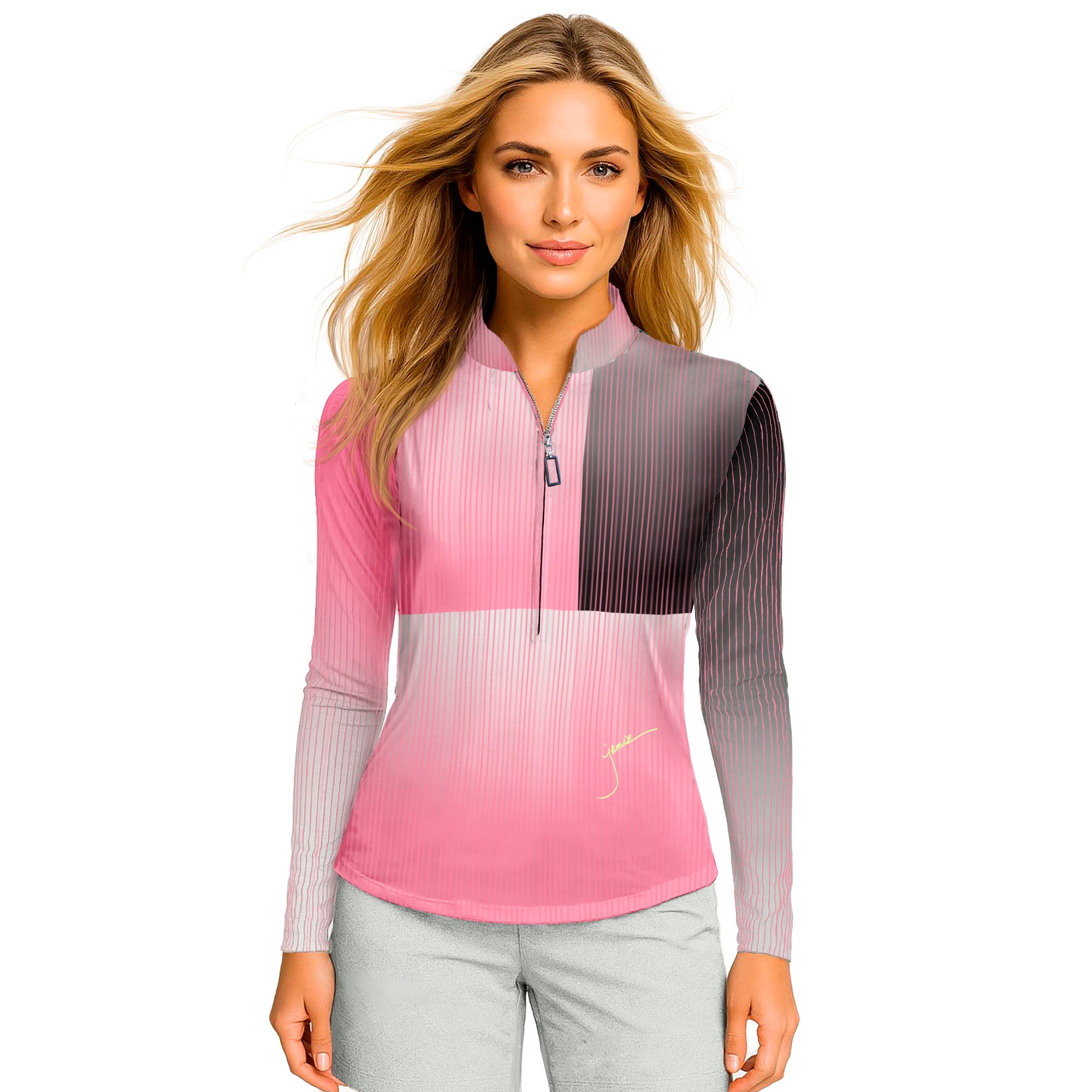 Jamie Sadock Basic Sunsense Long Sleeve Ultralight Sun Shirt-Flamingo Pink/Black/White Parallel Print