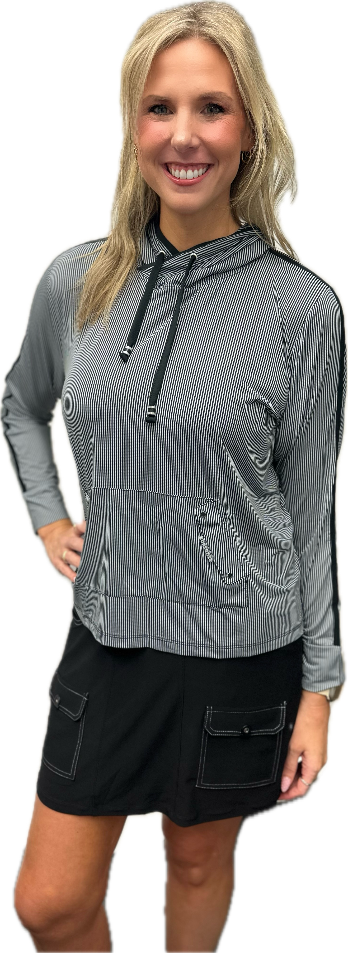 Jamie Sadock Basic Sun Protection with Hoodie Long Sleeve Sun Shirt-Black/White Stripes