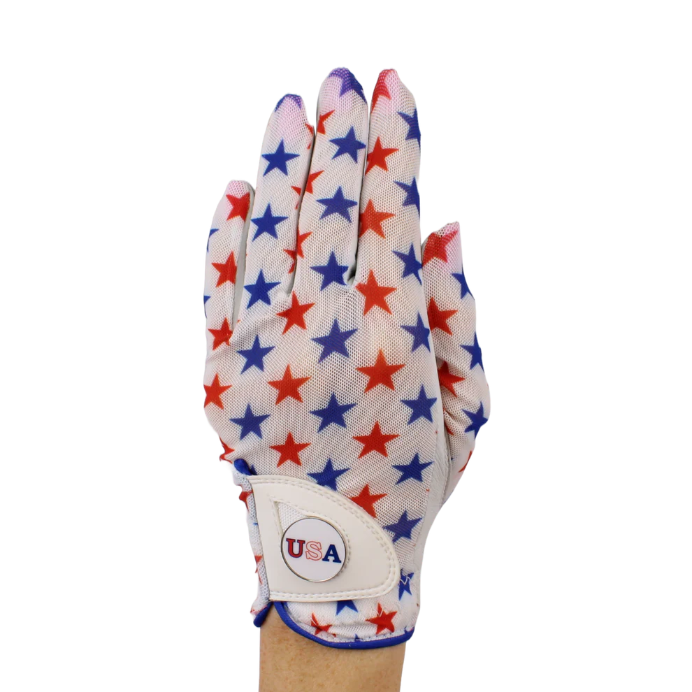 BOG Golf Glove Printed Lycra and Leather palm with Matching Ballmarker-USA Stars