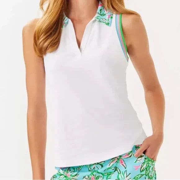 Lilly Pultizer Luxletic Alister Sleeveless Polo-White/Aqua Print Trim