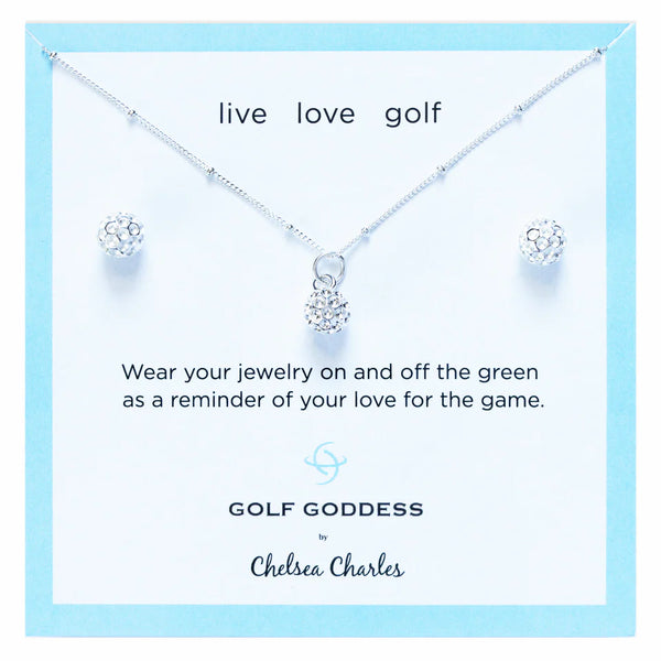 Chelsea Charles Golf Goddess Silver Golf Ball Necklace and Earrings Gift Set