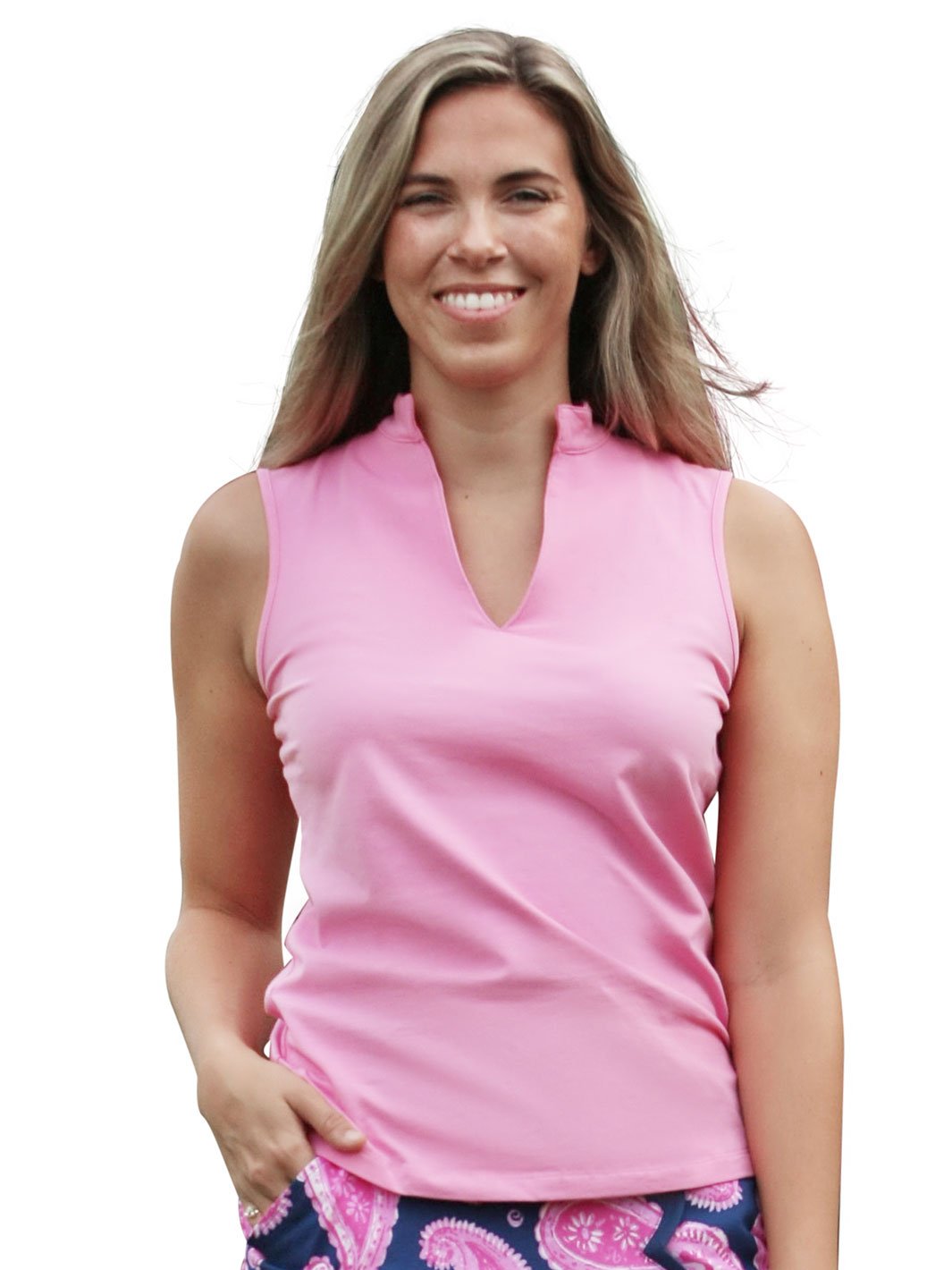 Ana Clare "Hadley" Sleeveless Cotton Blend Solid Shirt-Periwinkle, Lime, Hot Pink, Aqua