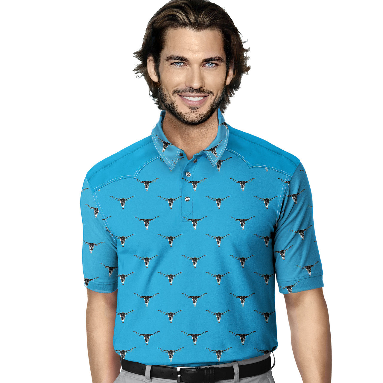 Jamie Sadock Mens Bull Print Golf Shirt-Black and Cyan