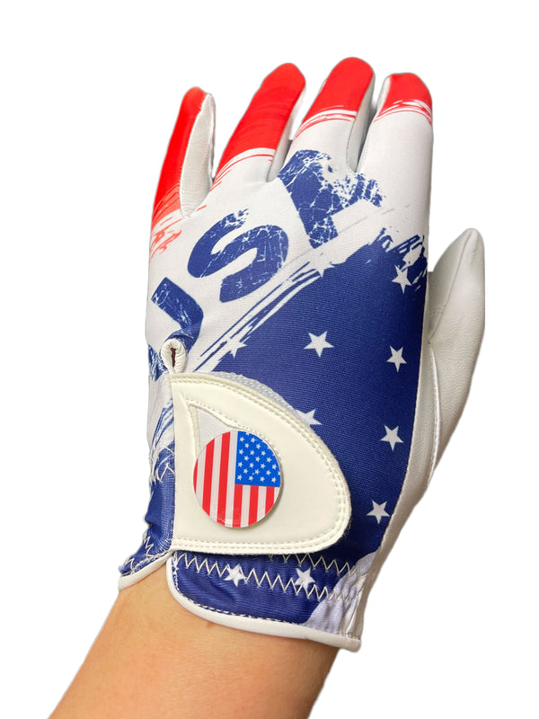 Golf Glove Printed Lycra and Leather palm with Matching Ballmarker-USA Print