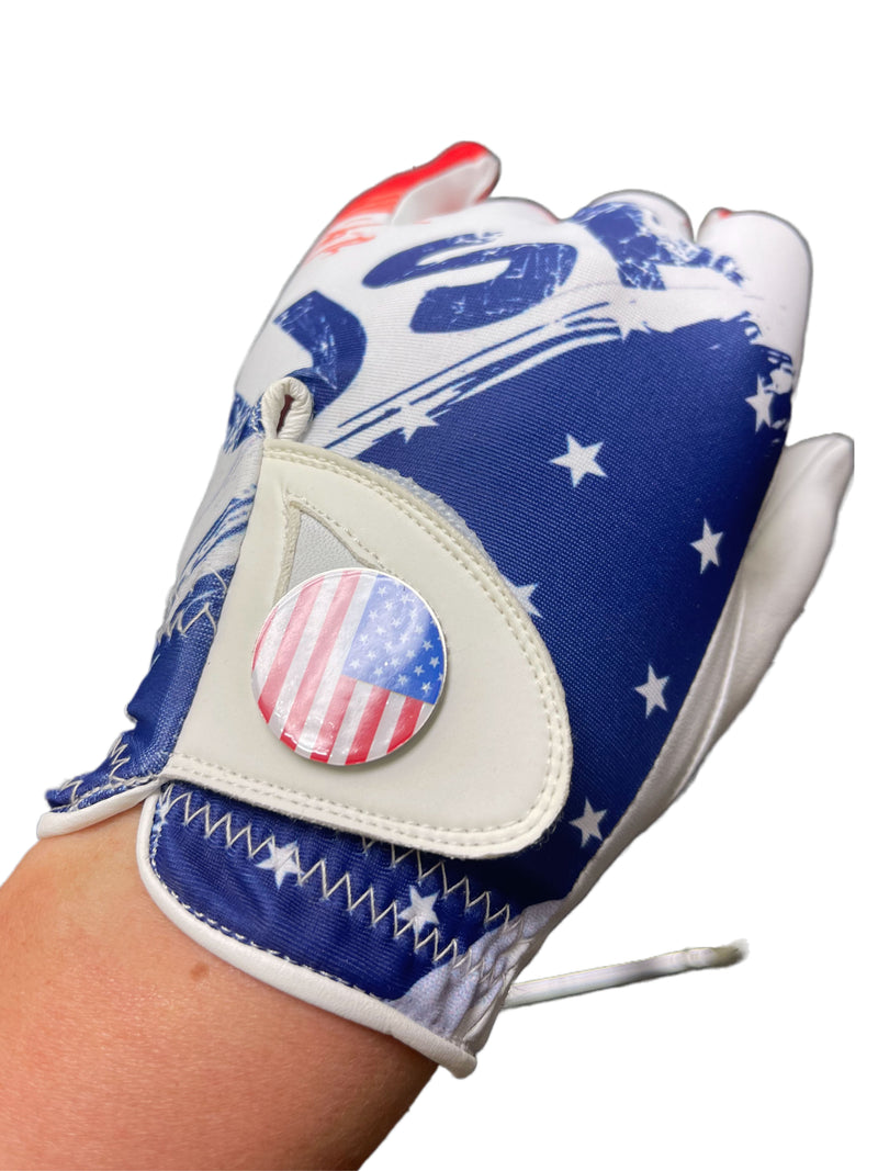 Golf Glove Printed Lycra and Leather palm with Matching Ballmarker-USA Print