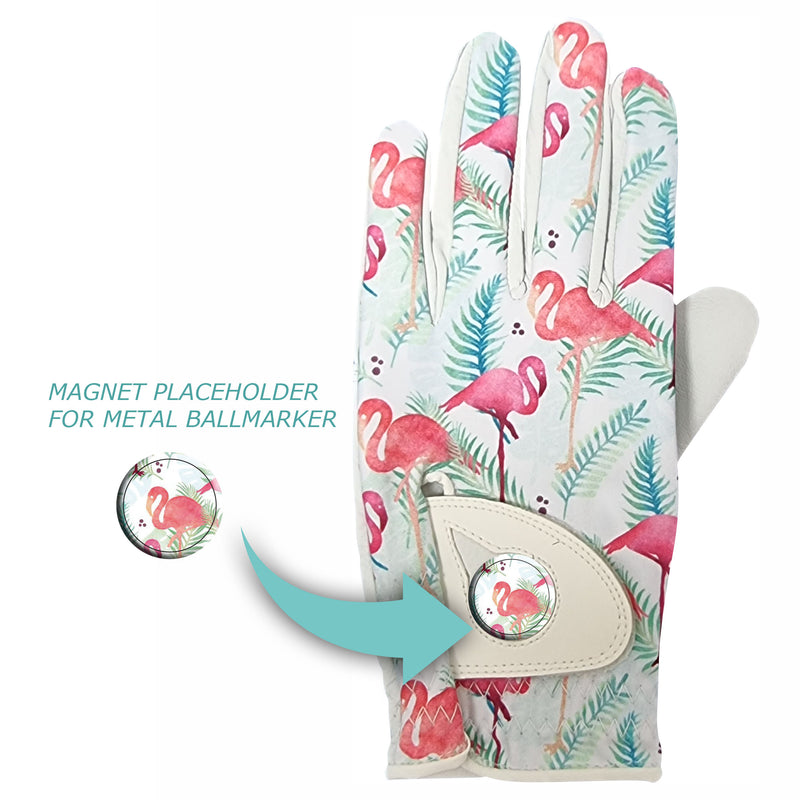 Golf Glove Printed Lycra and Leather palm with Matching Ballmarker-Flamingo Print