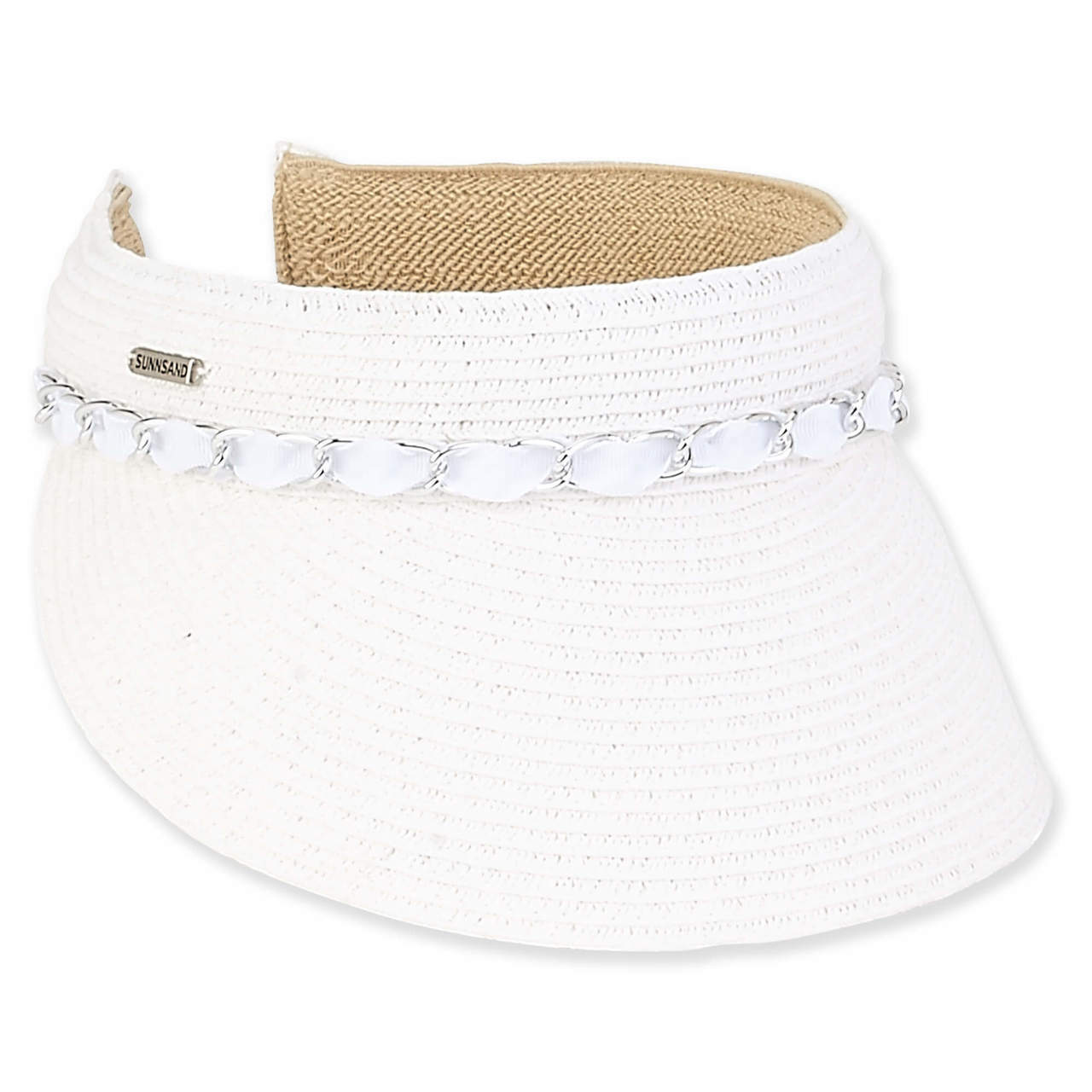 Sun N Sand Braided 3.5" Raffia Brim Clip On Visor with Chain Trim-White