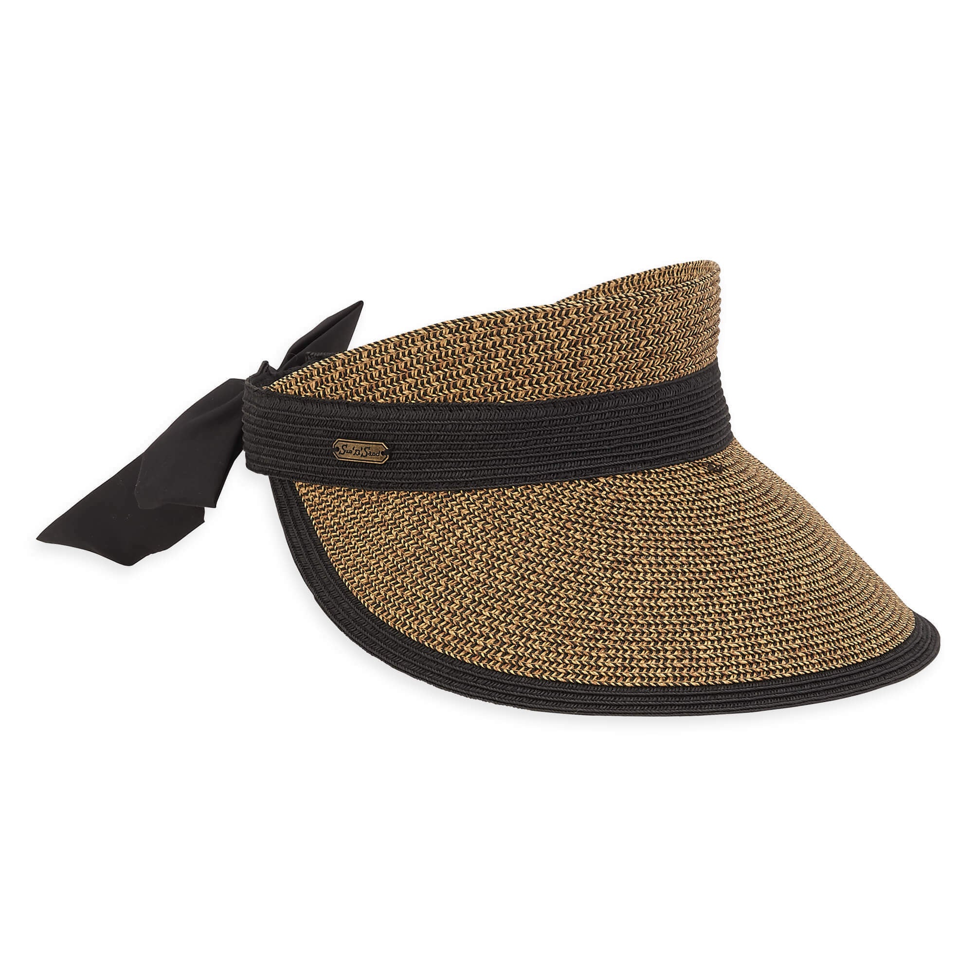 Sun N Sand 4.5" Paper Braided Bow Back Velcro Visor-Dark Tan with Black Trim