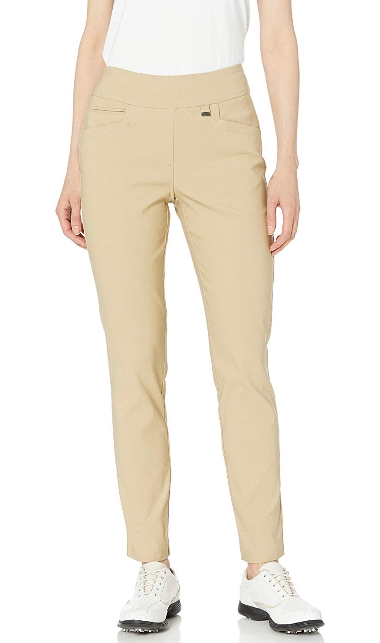 EP Pro Basic Women's Bi Stretch Pull On Golf Ankle Pant-Khaki and White