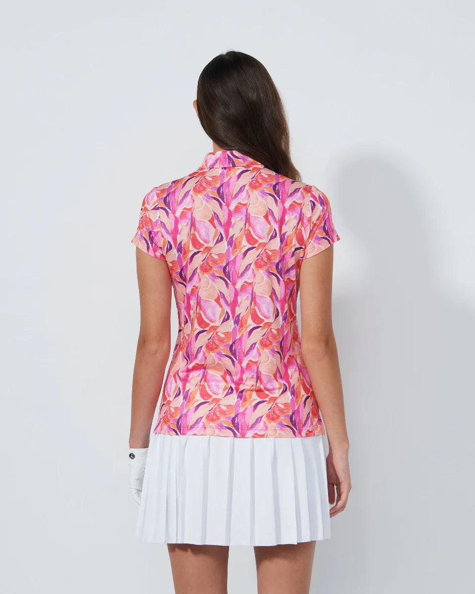 Daily Sports Sheermotion Cap Sleeve Polo Shirt-Artsy Leaf Print