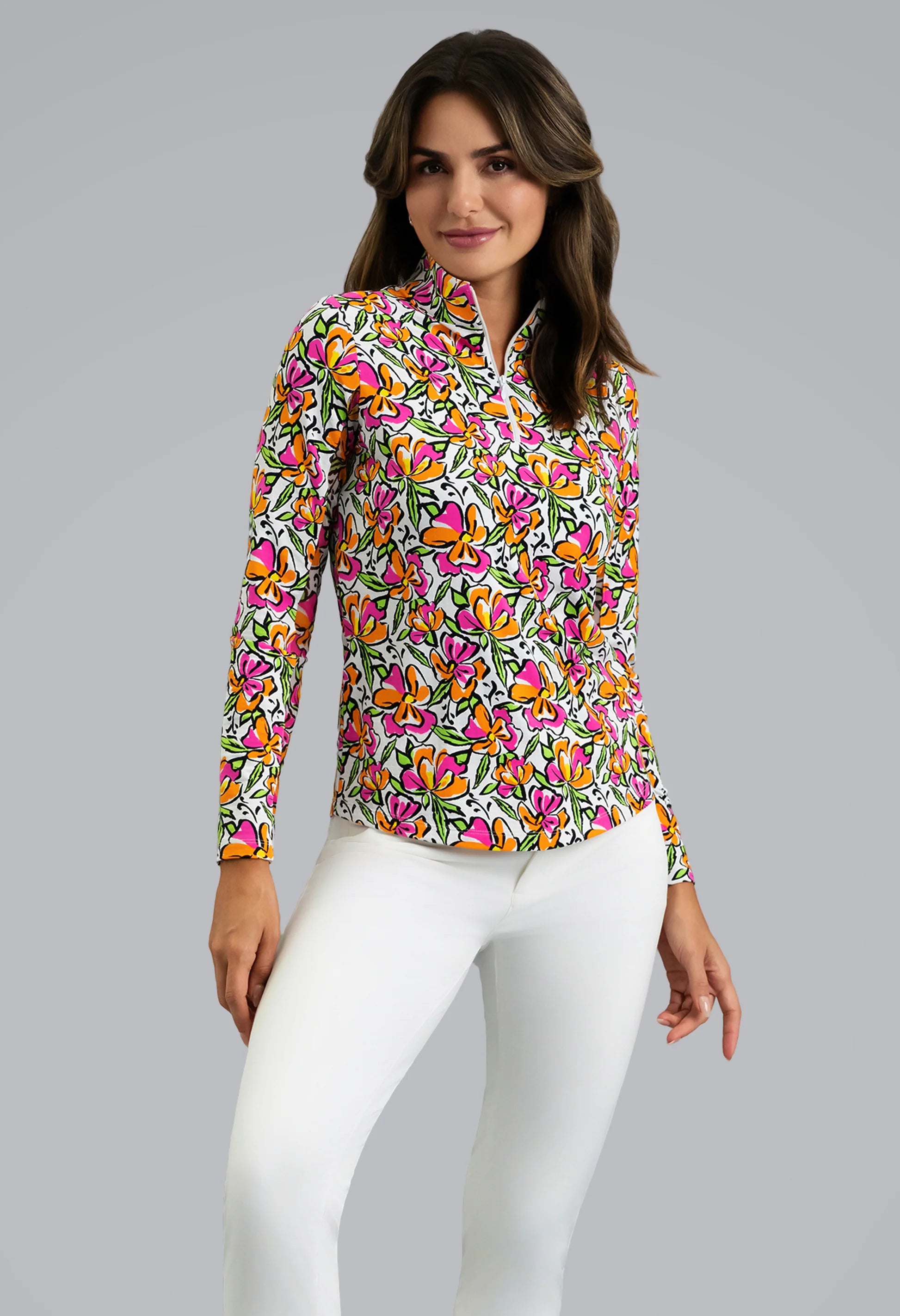 IBKUL Sonia Print Long Sleeve Mock Neck Sun Protection Shirt-Hot PInk/Orange
