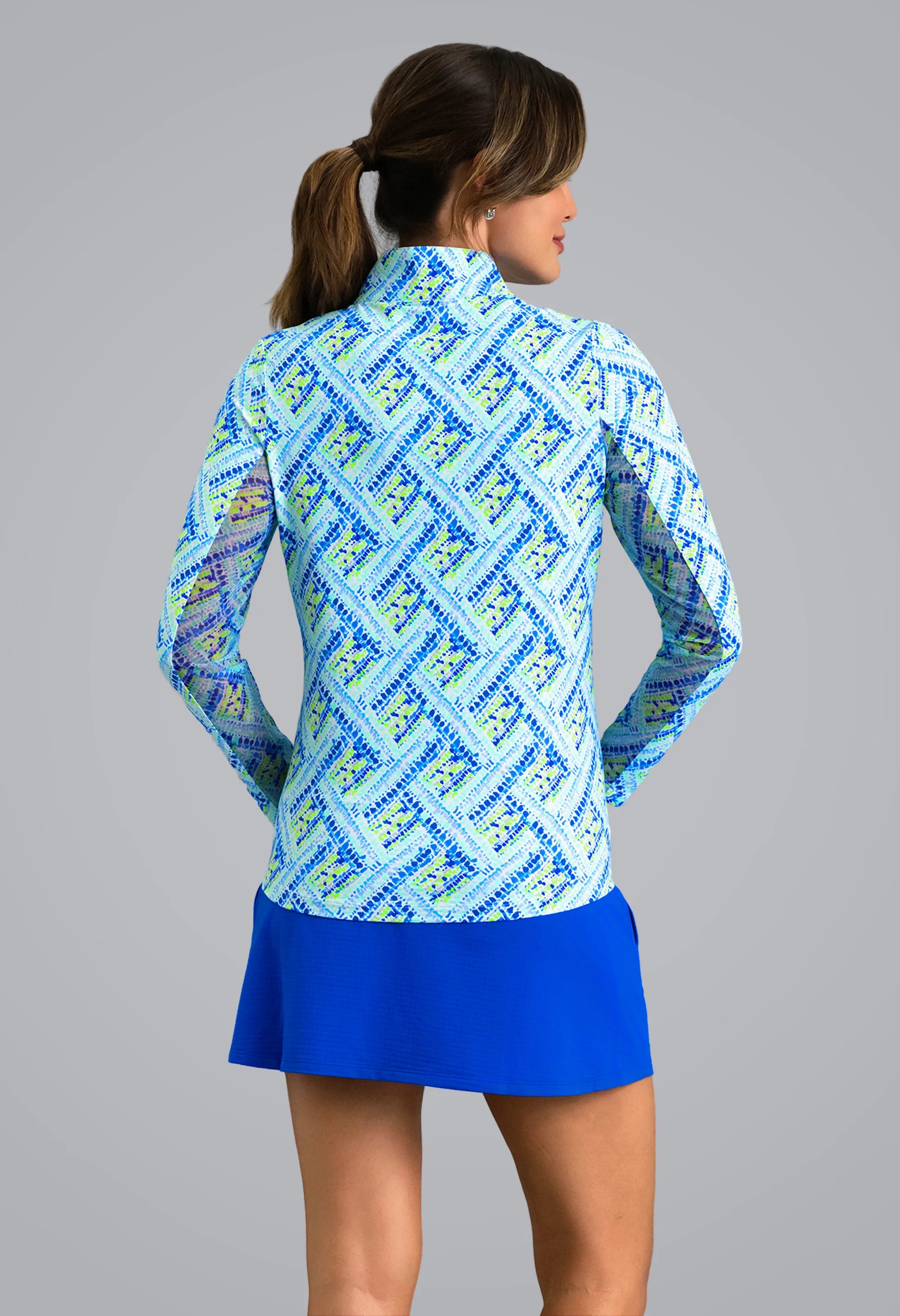 IBKUL Nina Print Long Sleeve Mock Neck Sun Protection Shirt-Blue