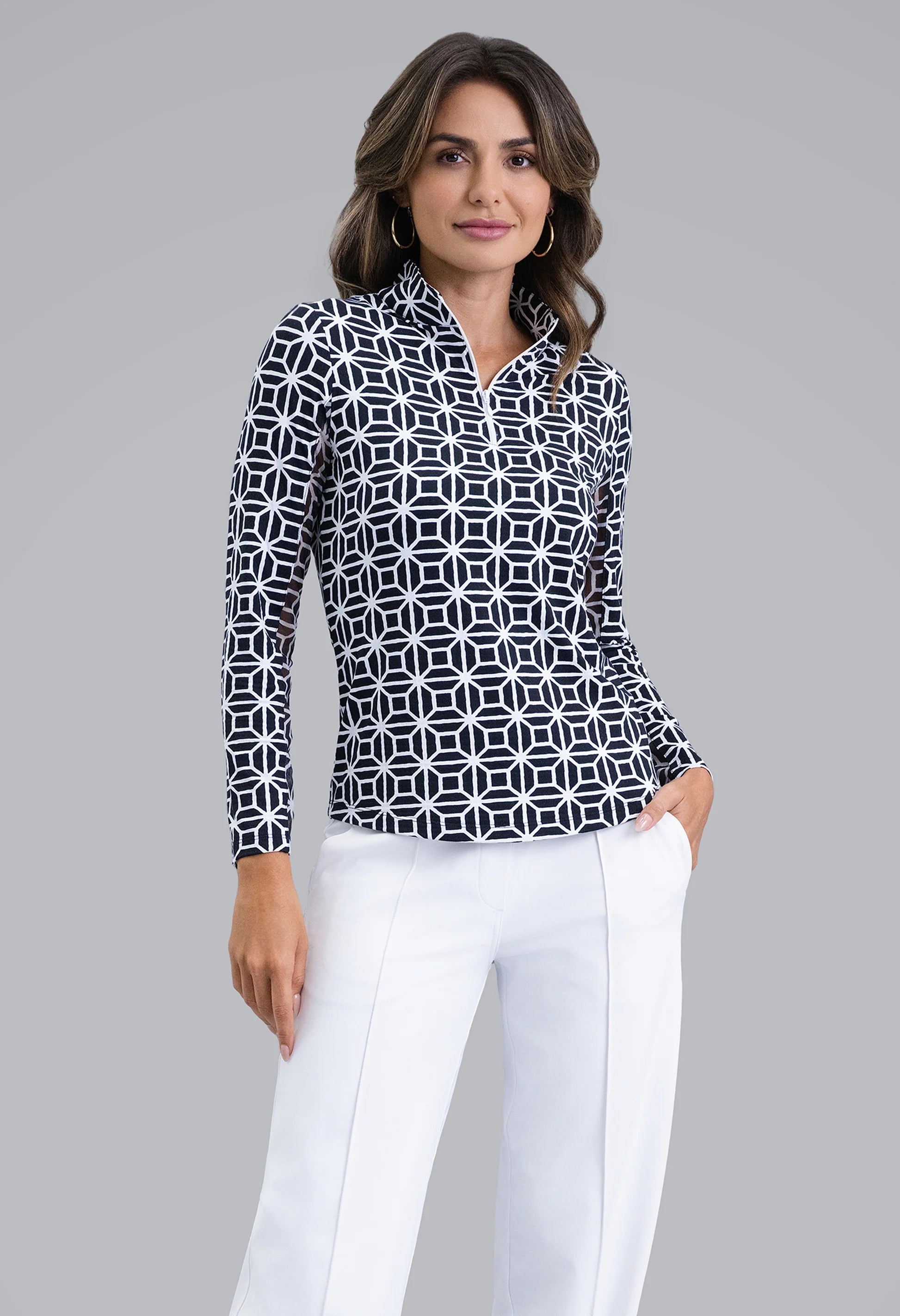 IBKUL Carolyn Print Long Sleeve Mock Neck Sun Protection Shirt-Black