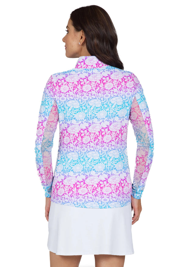 IBKUL Jesse Floral Long Sleeve Mock Neck Sun Protection Shirt-Hot pink/Turquoise