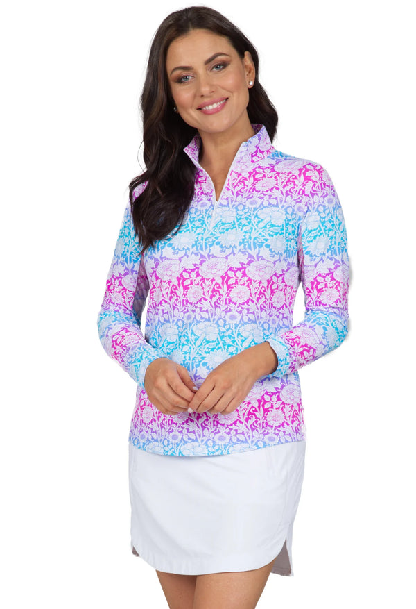 IBKUL Jesse Floral Long Sleeve Mock Neck Sun Protection Shirt-Hot pink/Turquoise