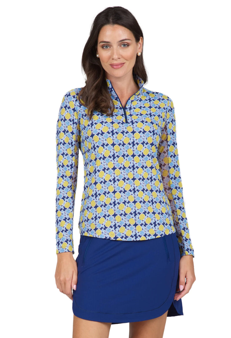IBKUL Chantal Pineapple Print Long Sleeve Mock Neck Sun Protection Shirt-Navy/Periwinkle