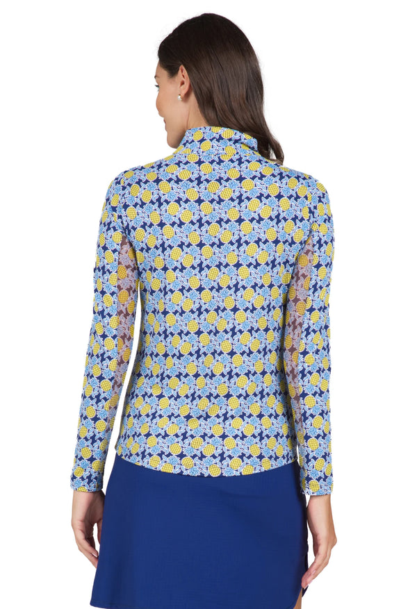 IBKUL Chantal Pineapple Print Long Sleeve Mock Neck Sun Protection Shirt-Navy/Periwinkle