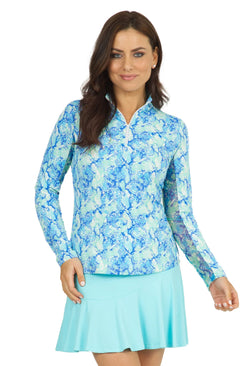 IBKUL Cora Skin Print Long Sleeve Mock Neck Sun Protection Shirt-Jade/Blue