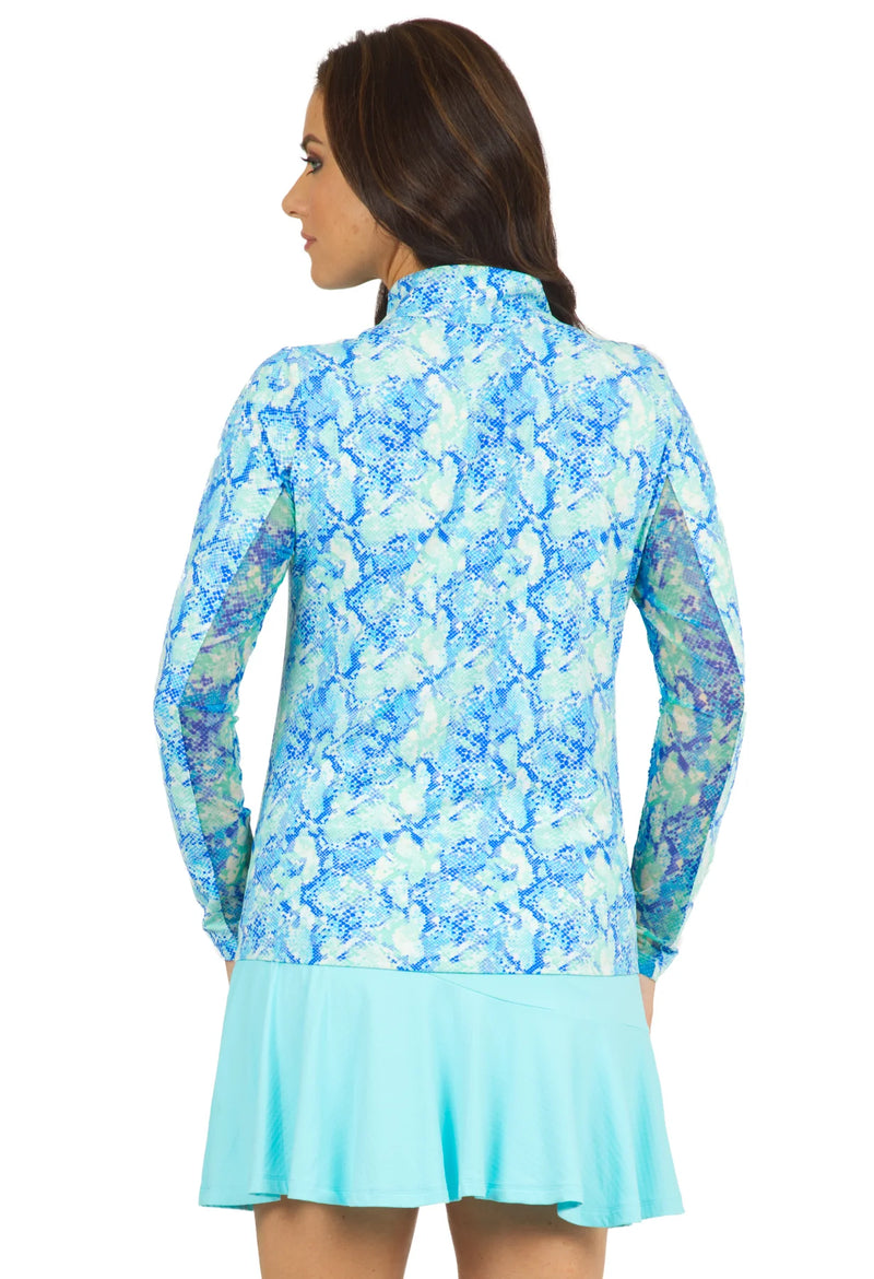IBKUL Cora Skin Print Long Sleeve Mock Neck Sun Protection Shirt-Jade/Blue
