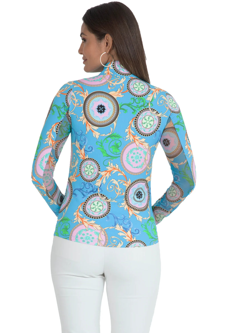 IBKUL Debbie Print Long Sleeve Mock Neck Sun Protection Shirt-Turquoise Multi