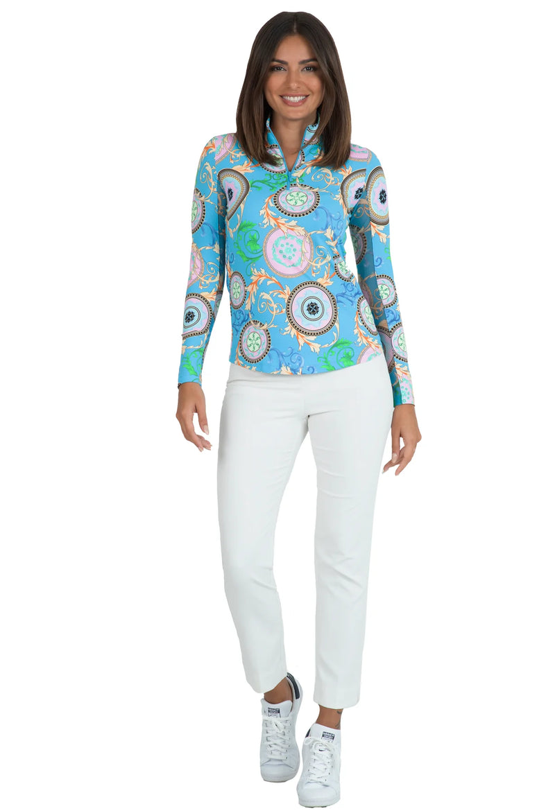 IBKUL Debbie Print Long Sleeve Mock Neck Sun Protection Shirt-Turquoise Multi