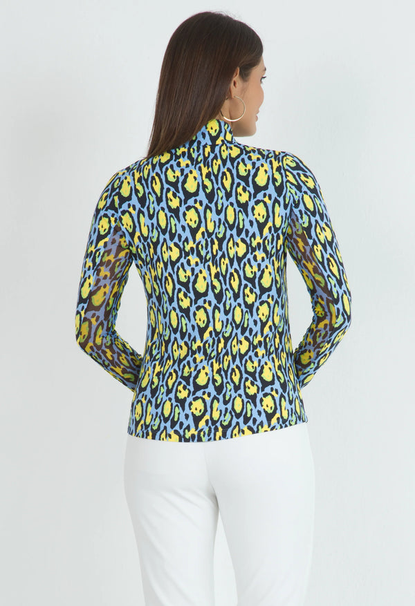 IBKUL Gemma Print Long Sleeve Mock Neck Shirt-Periwinkle