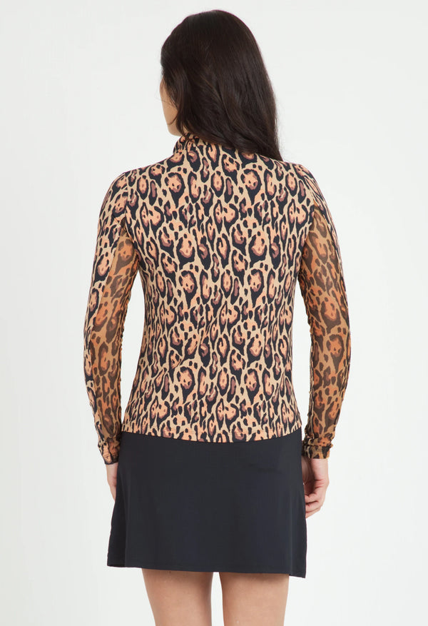 IBKUL Gemma Print Long Sleeve Mock Neck Shirt-Black, Brown