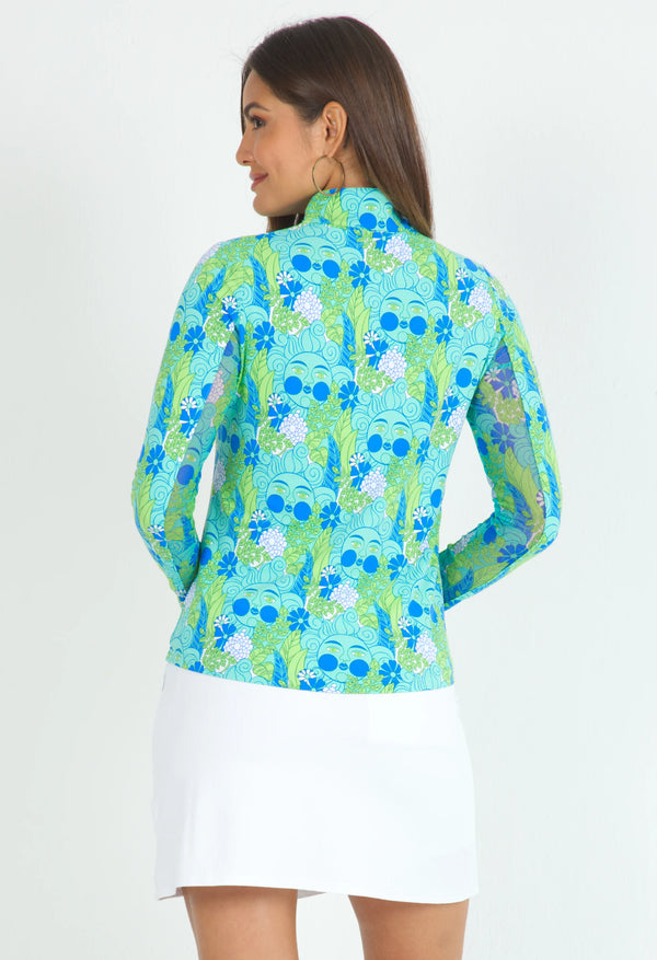 IBKUL Nadia Print Long Sleeve Mock Neck Shirt-Jade/Lime