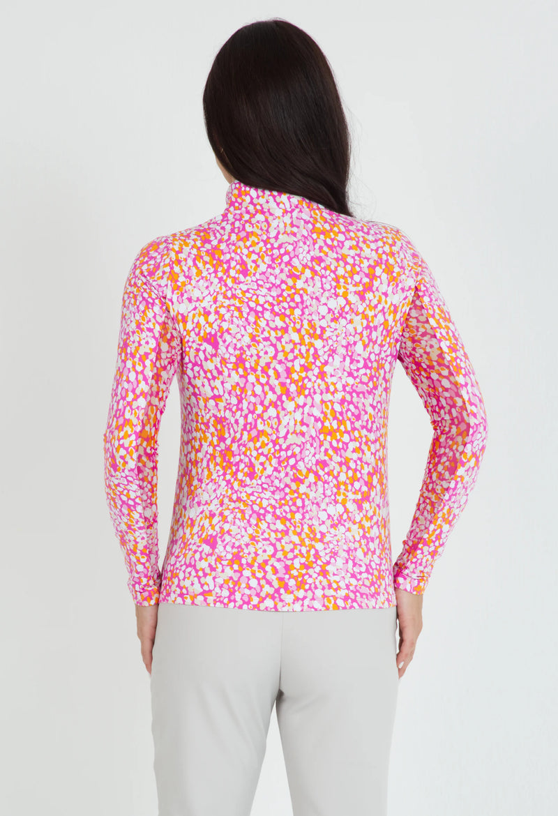 IBKUL Naomi Print Long Sleeve Mock Neck Shirt-Hot Pink