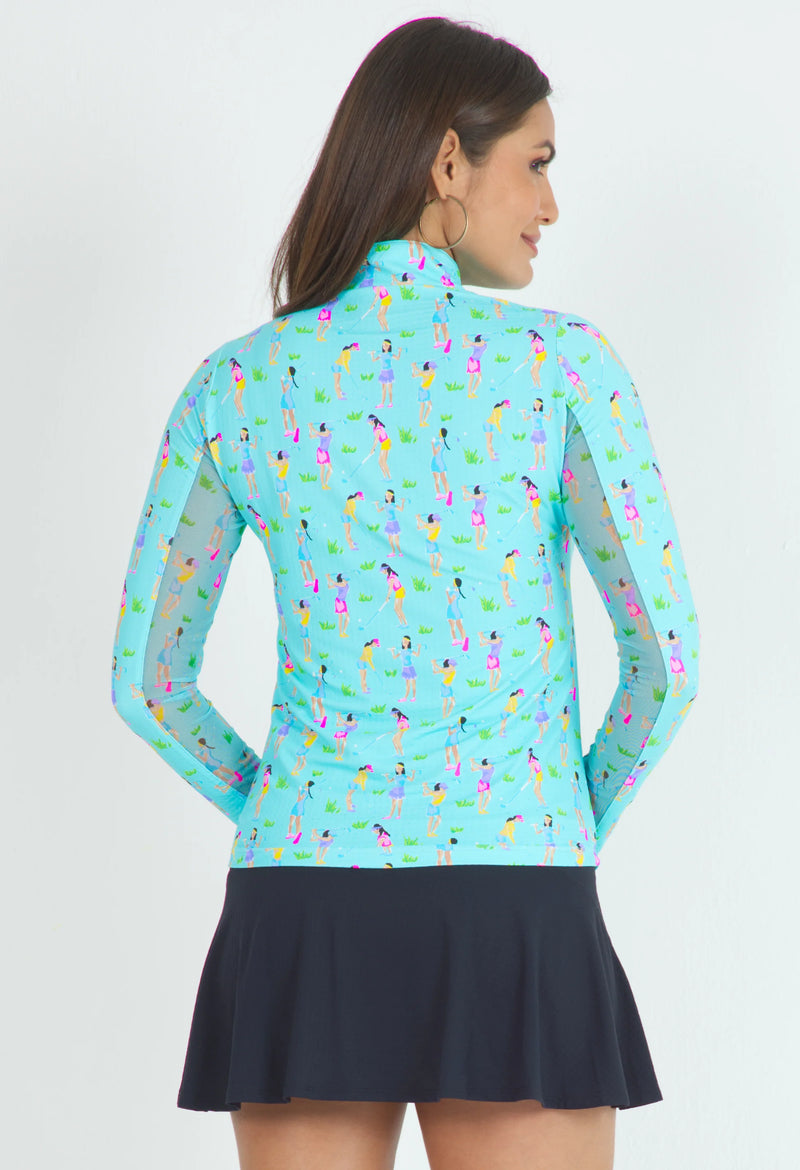 IBKUL Girls Golf Print Long Sleeve Mock Neck Shirt-Seafoam