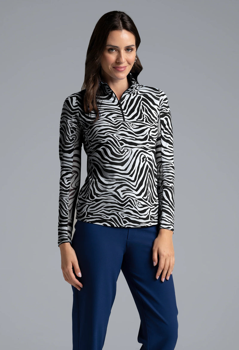 IBKUL Cecilia Print Long Sleeve Mock Neck Sun Protection Shirt-Black/White