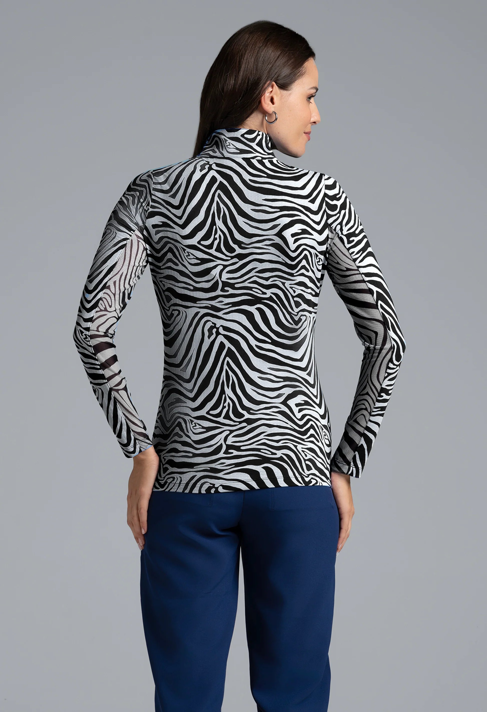 IBKUL Cecilia Print Long Sleeve Mock Neck Sun Protection Shirt-Black/White