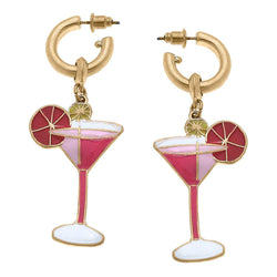 Canvas Cosmo Cocktail Enamel Drop Hoop Earrings in Pink