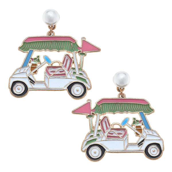 Canvas Bella Enamel Golf Cart Earrings in Green & Pink