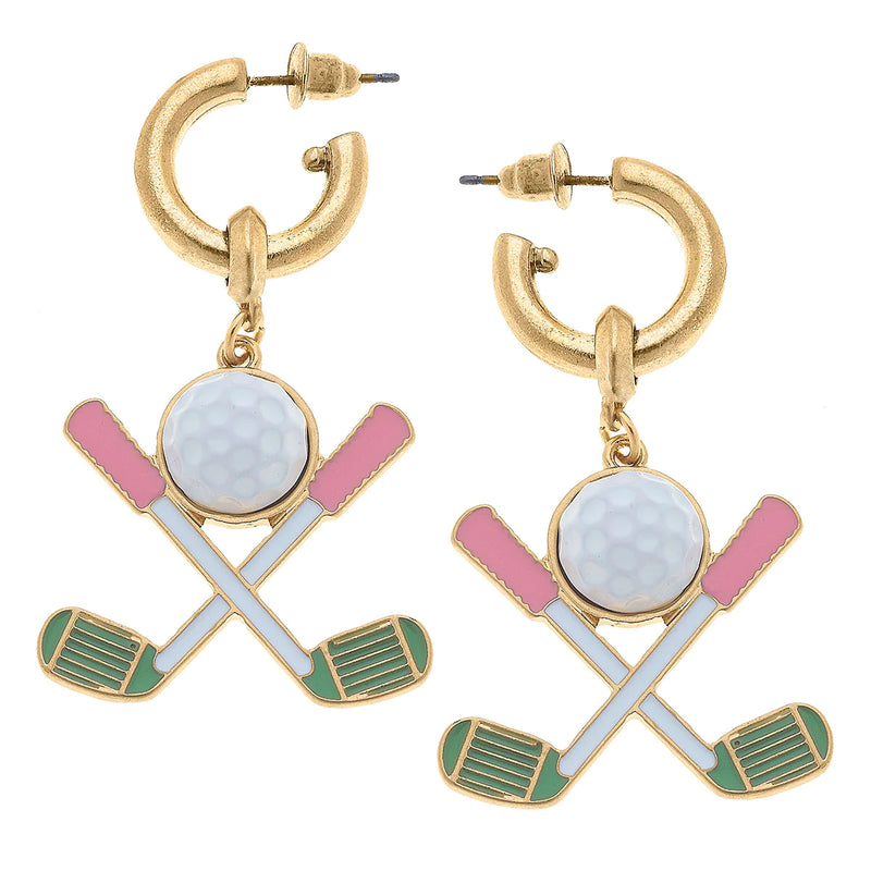 Canvas Scout Golf Club Enamel Drop Hoop Earrings in Pink and Green