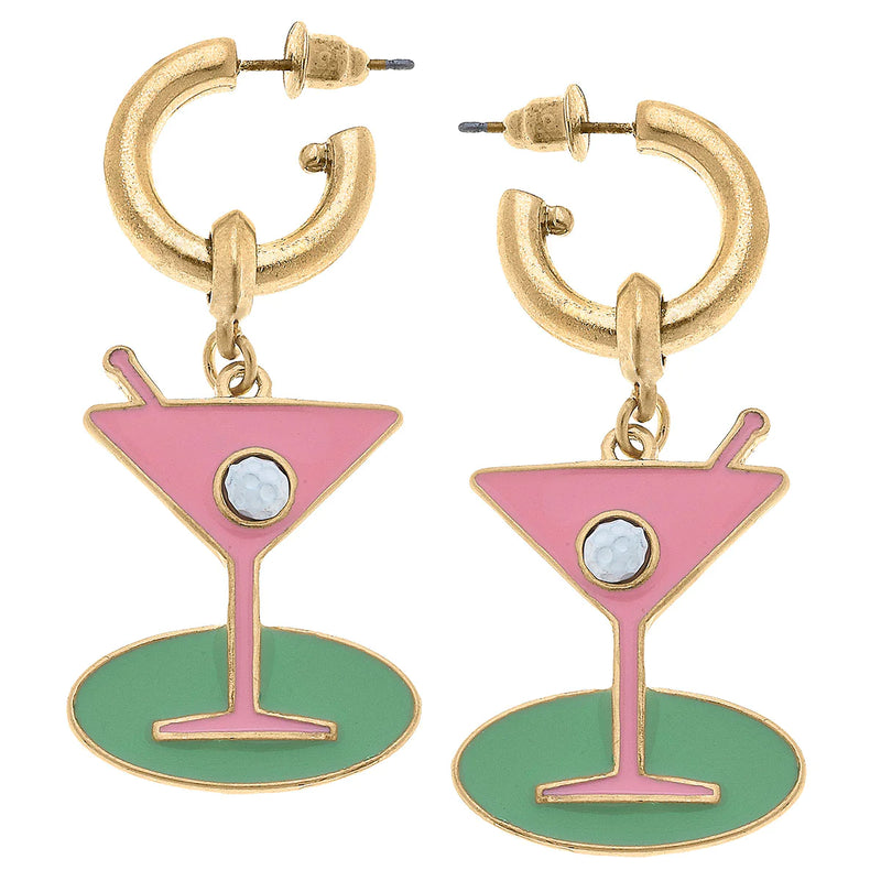 Canvas Country Club Martini Drop Hoop Earrings in Pink