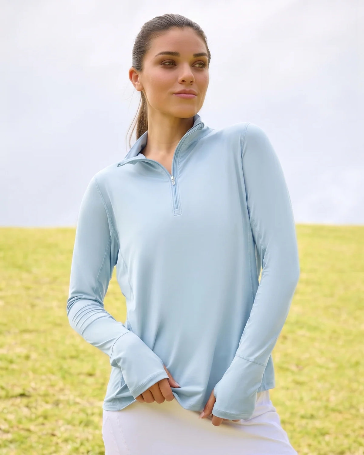 Bloq UV Women's Long Sleeved Relaxed Fit Solid Mock Neck Golf Sun Protection Shirt-Ice