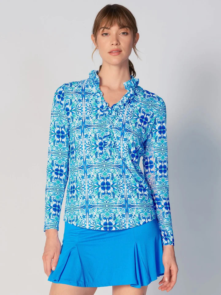 Gottex Long Sleeve Double Ruffle Tile Blue Print Long Sleeve Shirt
