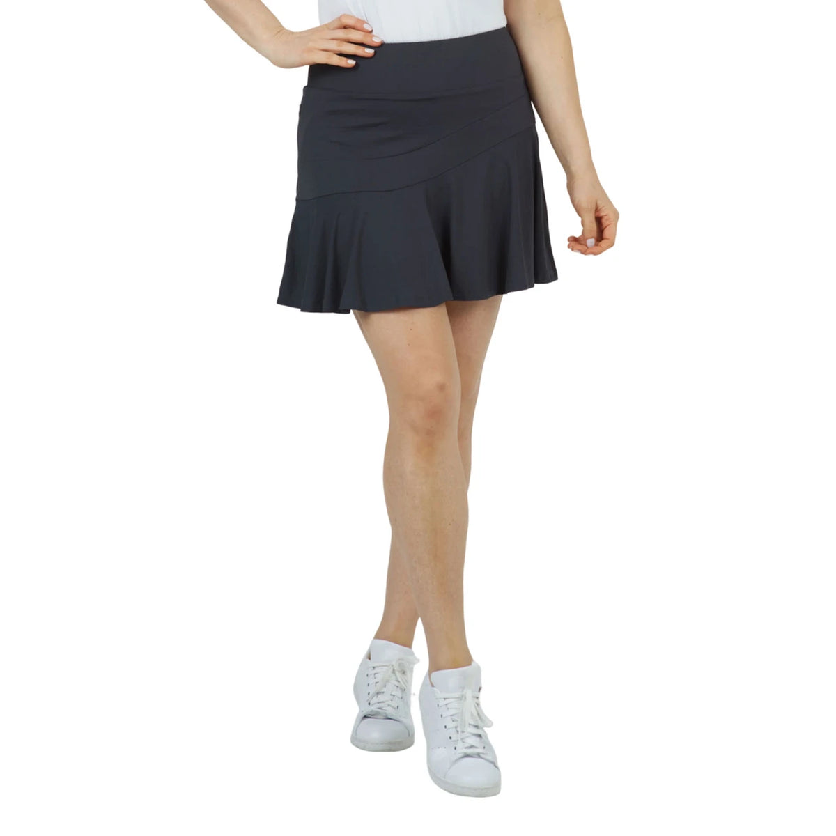 IBKUL Women's 17" Pull On Knit Flounce Solid Skort-Charcoal