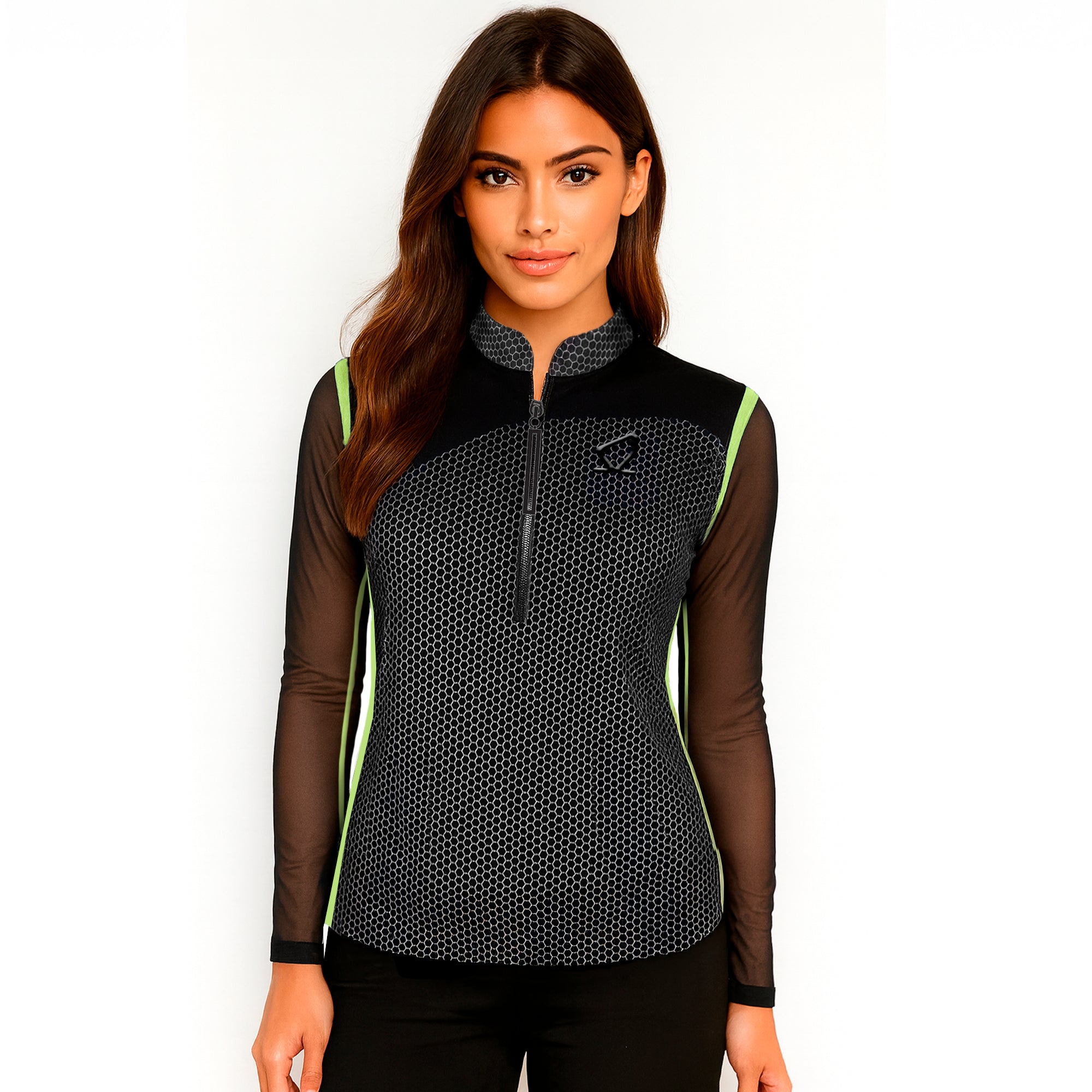 Jamie Sadock Black and White with Mesh Long Sleeves Collection:  Black/White Trimmed Shirt