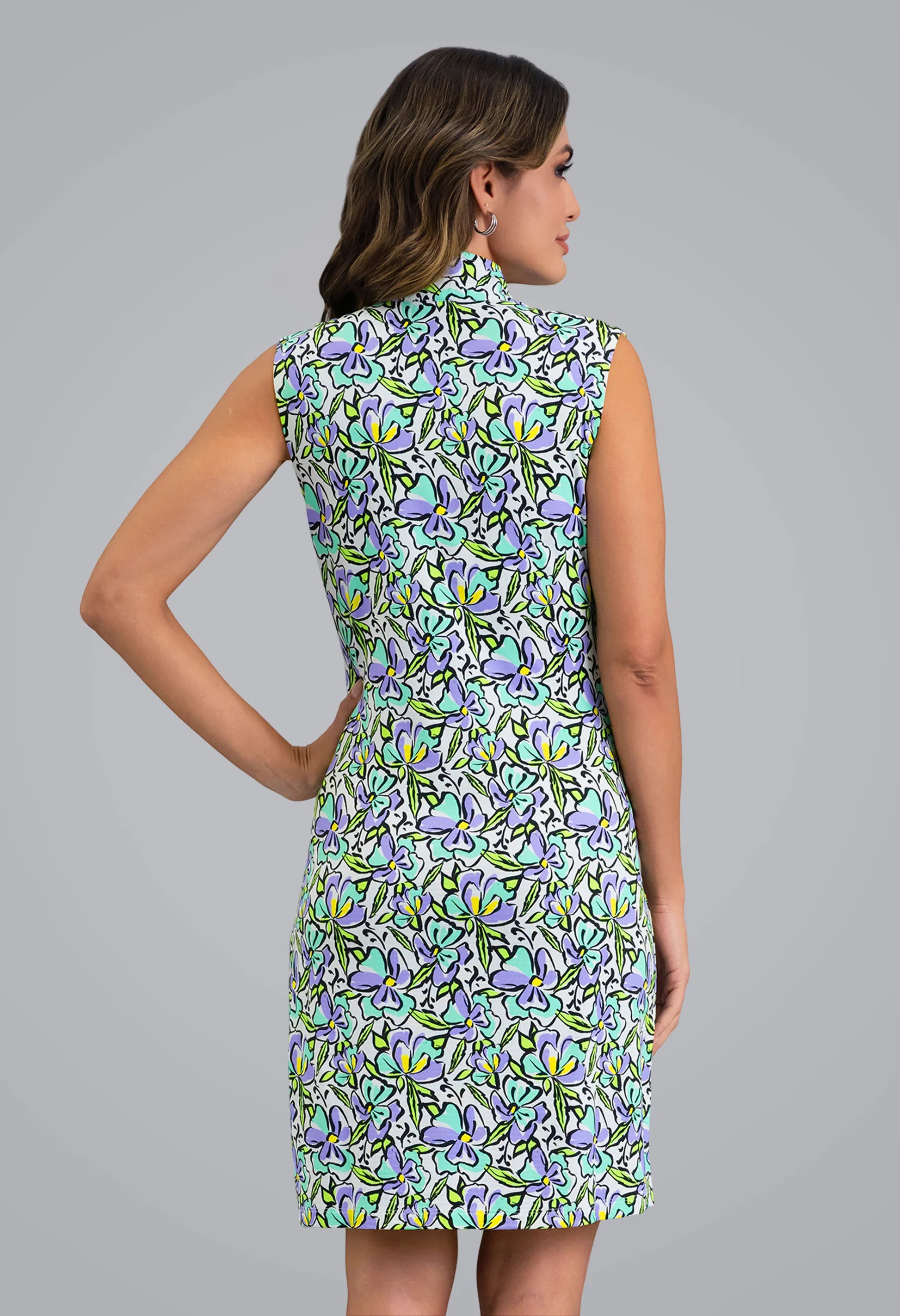 IBKUL Women's Sonia Print Sleeveless Mock Dress-Jade/Lavender