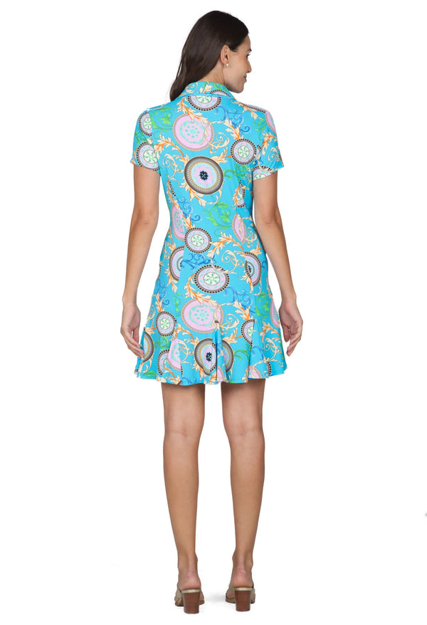 IBKUL Debbie Printed  Women's Short Sleeve Godet Dress-Turquoise Multi