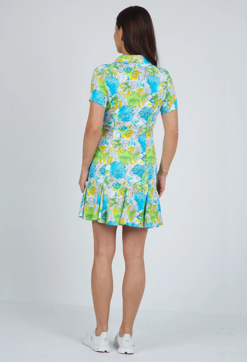 IBKUL Women's Paddy Print Short Sleeve Godet Dress-Lime