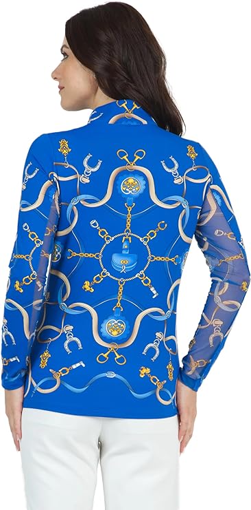 IBKUL Allison Print Long Sleeve Mock Neck Sun Protection Shirt-Blue Multi