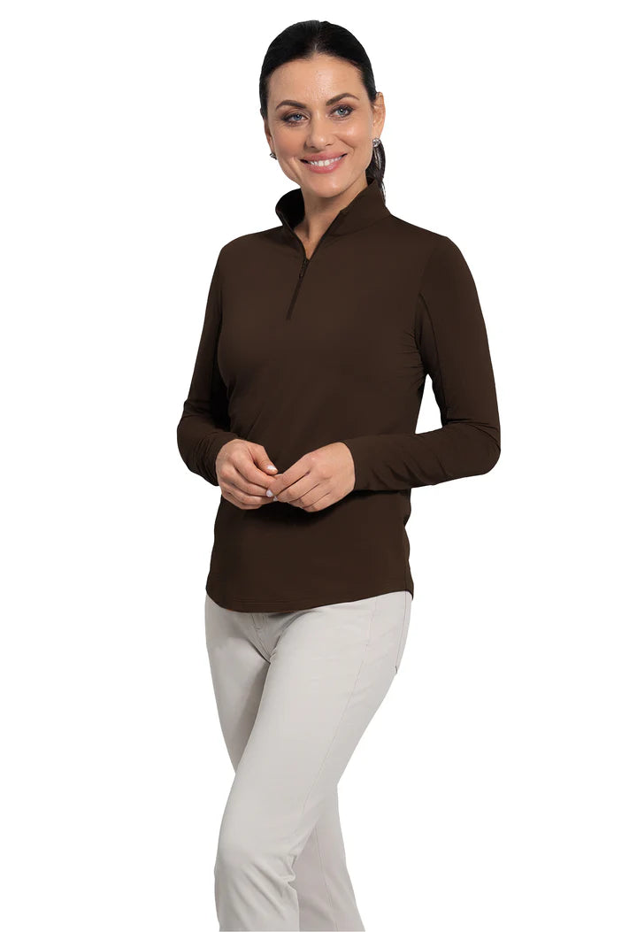 IBKUL Women's Long Sleeved Solid Mock Neck Golf Sun Protection Shirt-Chocolate