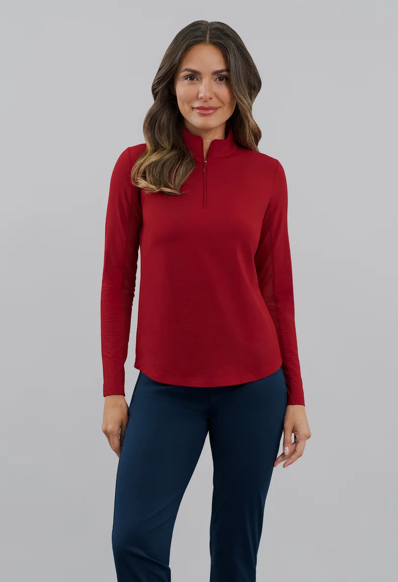 IBKUL Women's Long Sleeved Solid Mock Neck Golf Sun Protection Shirt-Ruby Red