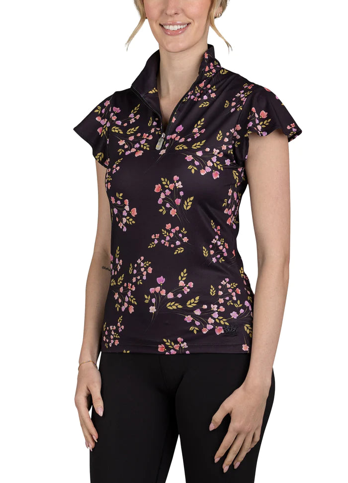Kastel Flutter Short Sleeve Black and Rose Floral Buds Print Shirt