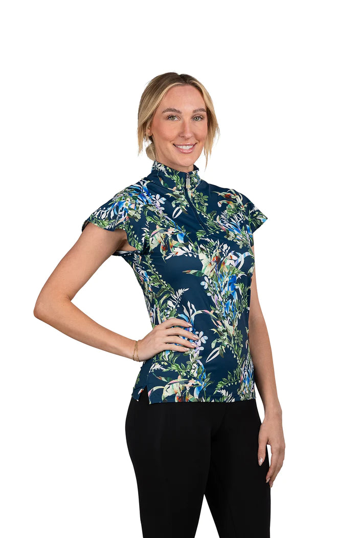 Kastel Flutter Short Sleeve Sailor Blue Botanical Print Shirt