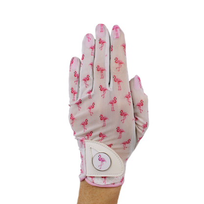 BOG Golf Glove Printed Lycra and Leather palm with Matching Ballmarker-Flamingo Print